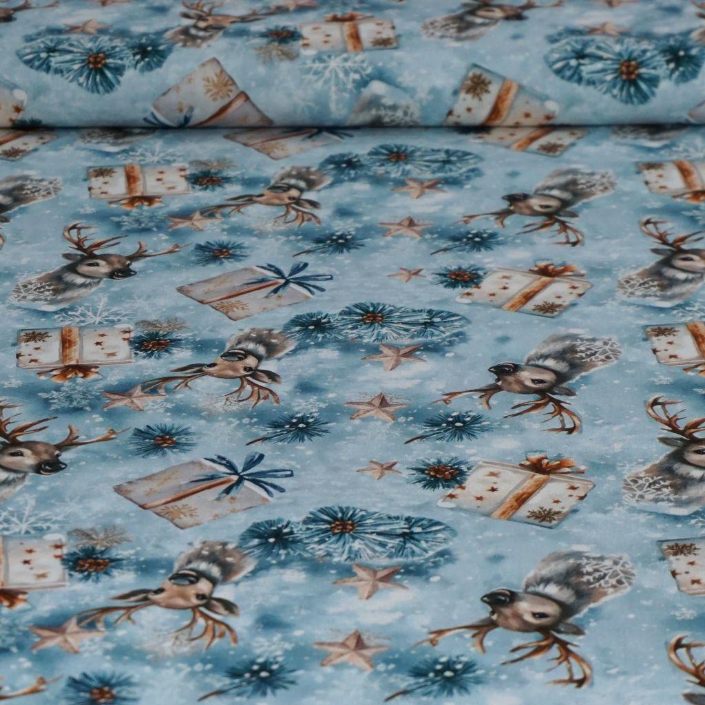 Dekostoff Halbpanama Hirsch Geschenke Eiskristalle blau